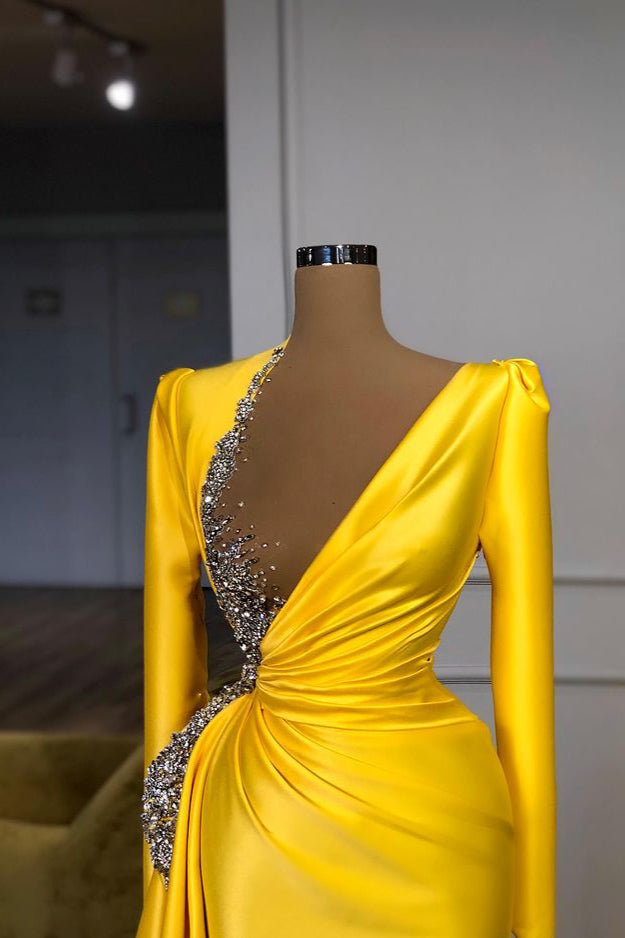 Bright Yellow V-neck Metallic Sequin Long sleeves Prom Dress Bright Yellow V-neck Metallic Sequin Long sleeves Prom Dress