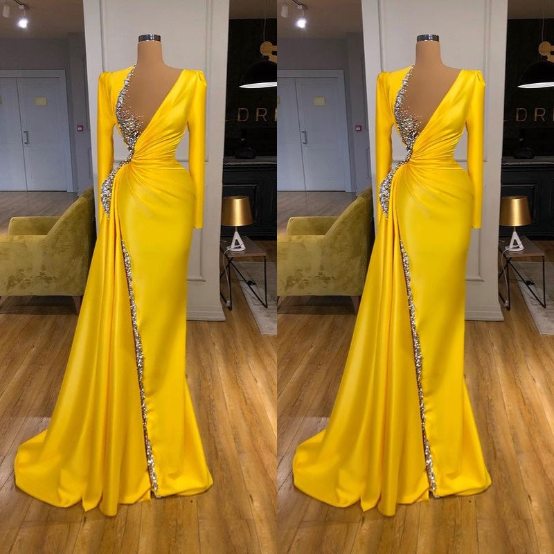 Bright Yellow V-neck Metallic Sequin Long sleeves Prom Dress Bright Yellow V-neck Metallic Sequin Long sleeves Prom Dress