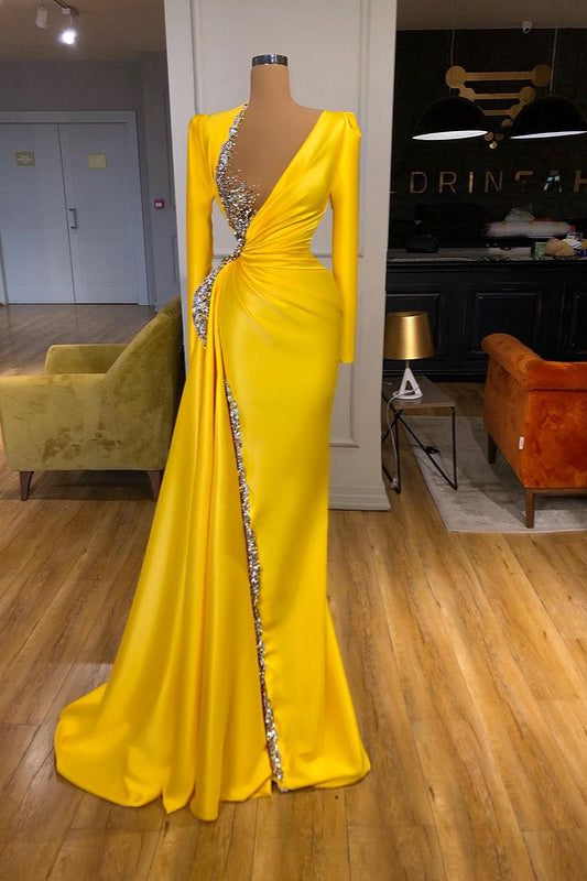 Bright Yellow V-Neck Metallic Sequin Long Sleeves Prom Dress Bright Yellow V-Neck Metallic Sequin Long Sleeves Prom Dress