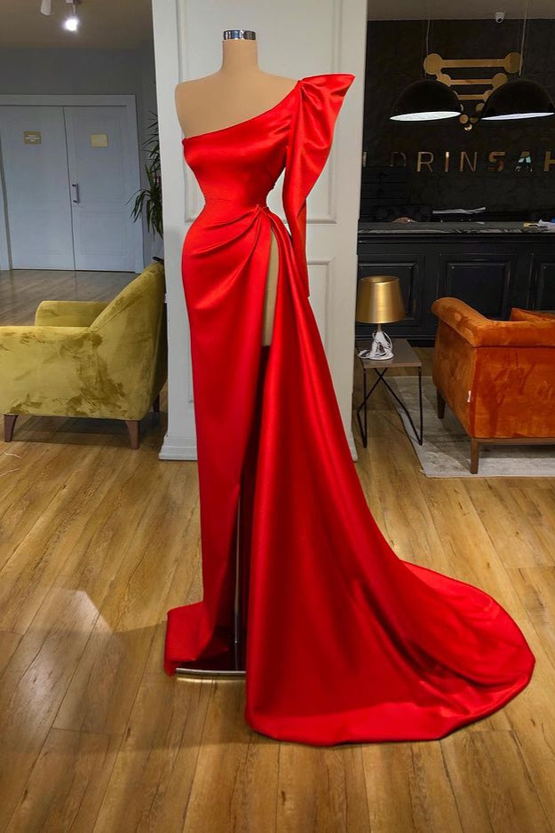 Bubble Sleeve One-shoulder Red High-split Long Evening Dress Bubble Sleeve One-shoulder Red High-split Long Evening Dress