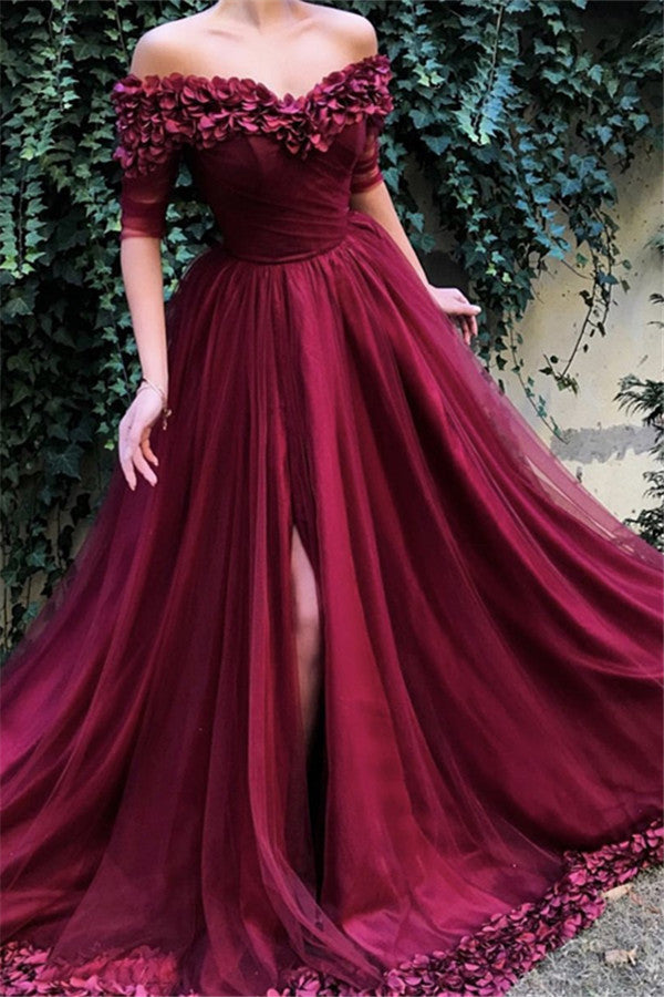 Burgundy A-line Off-the-Shoulder Tulle Flower Applique Prom Dresses Burgundy A-line Off-the-Shoulder Tulle Flower Applique Prom Dresses