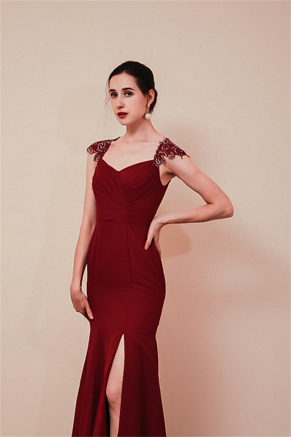 Burgundy Beaded Cap sleeves Chiffon Column Evening Dress Ballbella Burgundy Beaded Cap sleeves Chiffon Column Evening Dress Ballbella