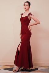 Burgundy Beaded Cap sleeves Chiffon Column Evening Dress-Ballbella