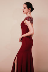 Burgundy Beaded Cap sleeves Chiffon Column Evening Dress-Ballbella
