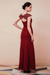 Burgundy Beaded Cap sleeves Chiffon Column Evening Dress-Ballbella