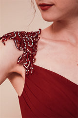 Burgundy Beaded Cap sleeves Chiffon Column Evening Dress-Ballbella