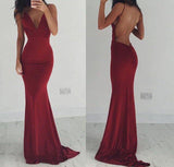 Burgundy Evening Gowns Stretchy Spaghettis-Straps Backless Column Prom Dresses-Ballbella