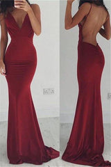 Burgundy Evening Gowns Stretchy Spaghettis-Straps Backless Column Prom Dresses-Ballbella