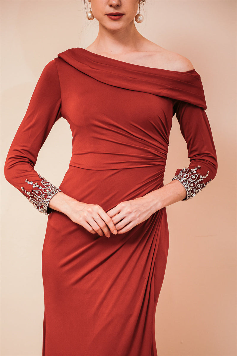 Burgundy Long sleeves Jersey Unique neckline Evening Dress-Ballbella