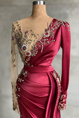 Burgundy Long Sleeves Mermaid Prom Dress With Beadings-Ballbella