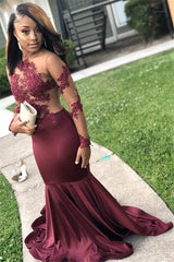 Burgundy Long Sleevess Open Back See-Through Appliques Mermaid Prom Dresses-Ballbella