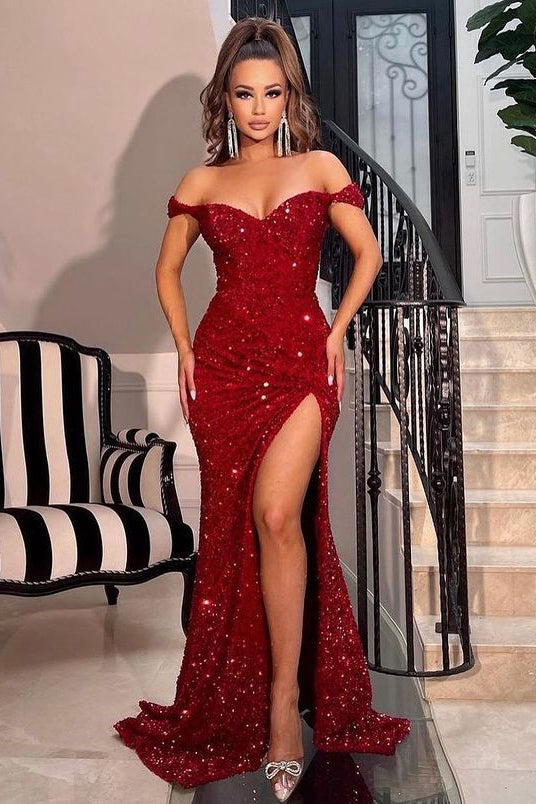 Burgundy Off-the-Shoulder Sequins Prom Dress Mermaid Long Slit Burgundy Off-the-Shoulder Sequins Prom Dress Mermaid Long Slit