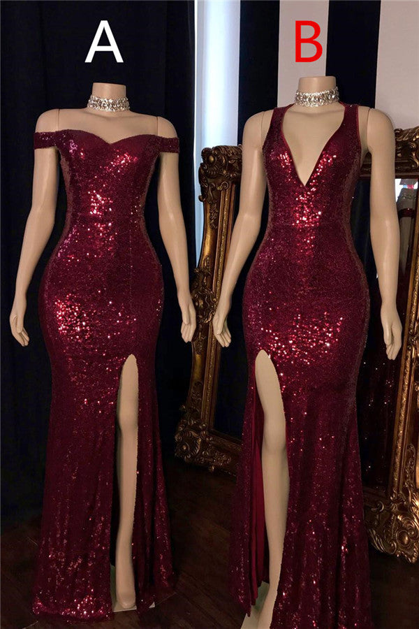 Burgundy Off-The-Shoulder Sequins Side-Slit Mermaid Prom Dresses Burgundy Off-The-Shoulder Sequins Side-Slit Mermaid Prom Dresses