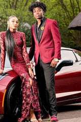 Burgundy One-Button Prom Suit with Black Shawl Lapel-Ballbella