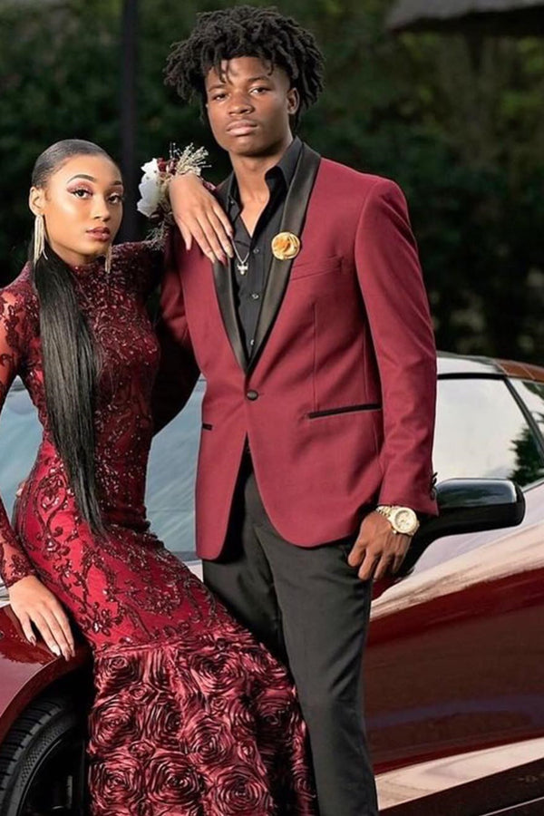Burgundy One-Button Prom Suit with Black Shawl Lapel Burgundy One-Button Prom Suit with Black Shawl Lapel