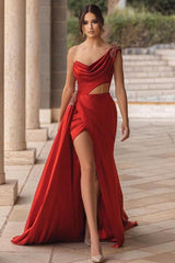 Burgundy One-shoulder High Split Long Prom Dress with Half train-Ballbella