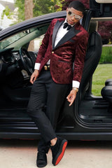 Burgundy Peaked Lapel Jacquard Prom Suit-Ballbella