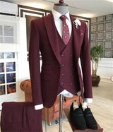 Burgundy Peaked Lapel Three Pieces Men's Suit-Ballbella