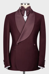 Burgundy Satin Shawl Lapel Slim Fit Prom & Wedding Suit-Ballbella