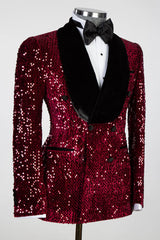 Burgundy Shawl Lapel Double-Breasted Sequin Prom Suit-Ballbella