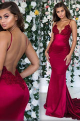 Burgundy Sleeveless Mermaid Backless Prom Dresses Spaghetti-Straps Lace Appliques Evening Gowns-Ballbella