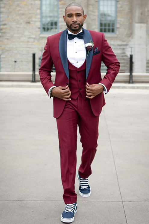 Burgundy Slim Fit Men Suit with Black Shawl Lapel Ballbella