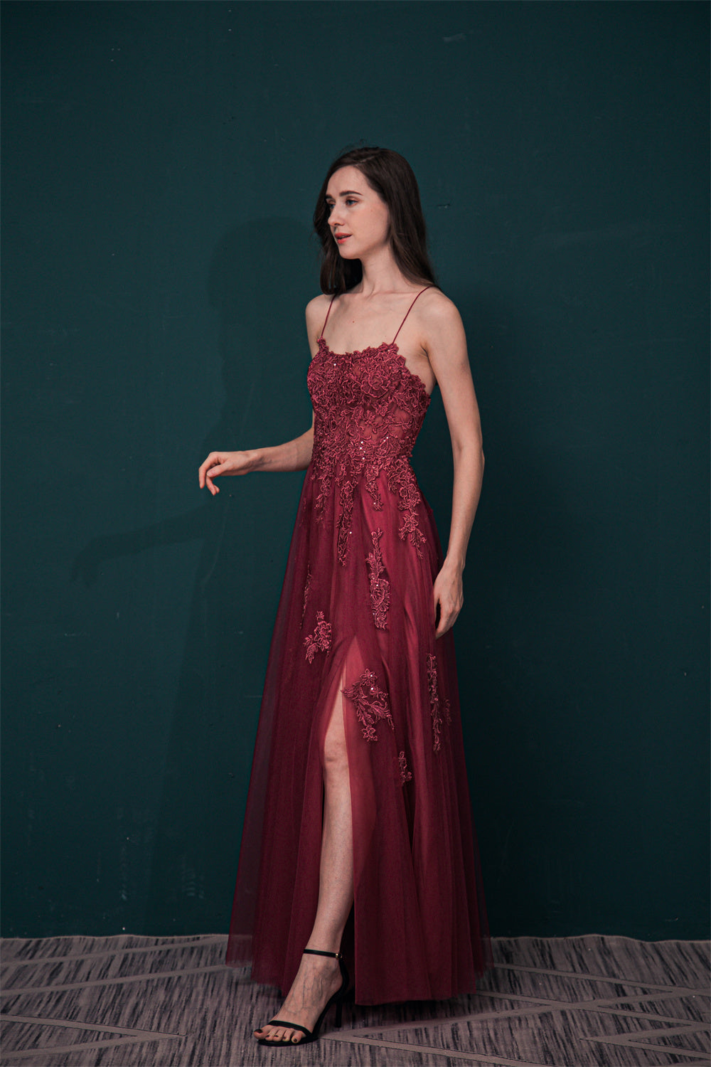 Burgundy Spaghetti Strap Lace Appliques High split Prom Dress, Burgundy / US2 Burgundy Spaghetti Strap Lace Appliques High split Prom Dress, Burgundy / US2