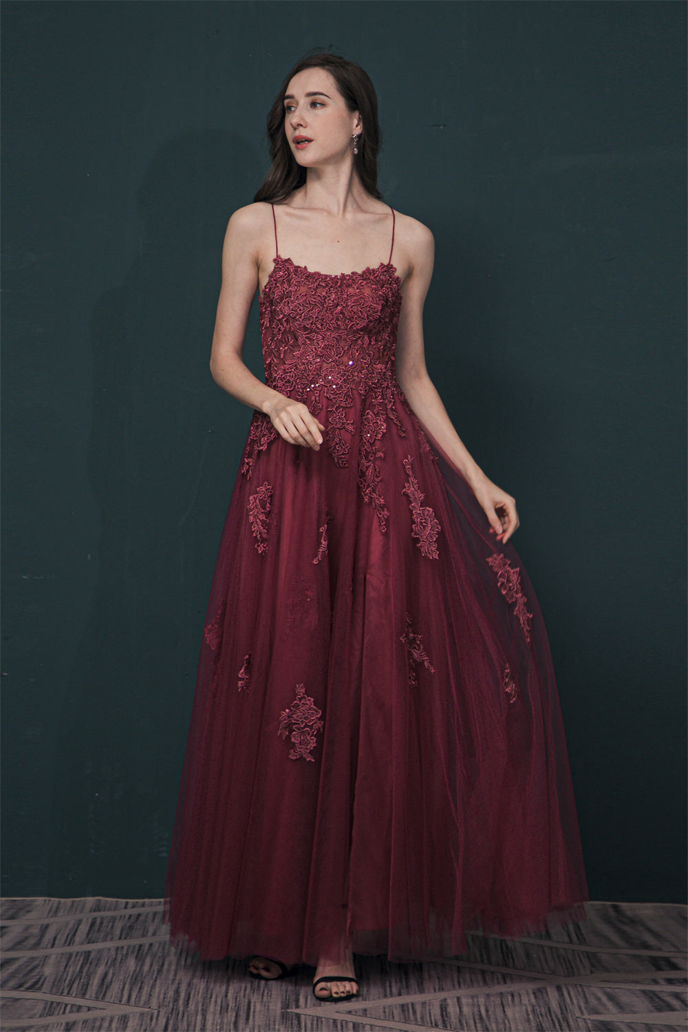 Burgundy Spaghetti Strap Lace Appliques High split Prom Dress, Burgundy / US2 Burgundy Spaghetti Strap Lace Appliques High split Prom Dress, Burgundy / US2