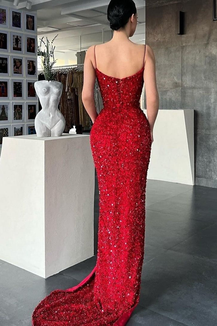 Burgundy Spaghetti-Straps Mermaid Prom Dress Long Sequins Evening Gowns With Split Burgundy Spaghetti-Straps Mermaid Prom Dress Long Sequins Evening Gowns With Split
