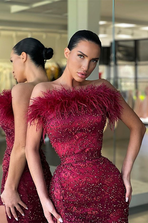 Burgundy Strapless Mermaid Prom Dress Slit With Sequins Beads Feather Burgundy Strapless Mermaid Prom Dress Slit With Sequins Beads Feather