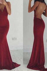 Burgundy Stretchy Spaghettis-Straps Backless Column Prom Dresses-Ballbella