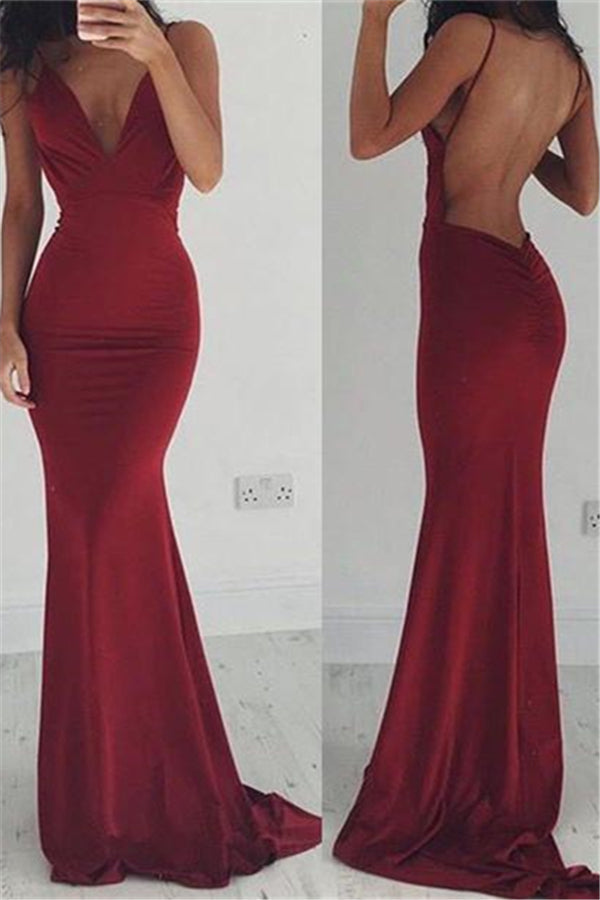 Burgundy Stretchy Spaghettis-Straps Backless Column Prom Dresses Burgundy Stretchy Spaghettis-Straps Backless Column Prom Dresses