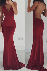 Burgundy Stretchy Spaghettis-Straps Backless Column Prom Dresses-Ballbella