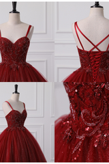 Burgundy Sweetheart Lace-up Criss Cross Straps Ball Gown Evening Dress-Ballbella
