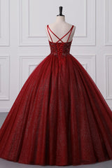 Burgundy Sweetheart Lace-up Criss Cross Straps Ball Gown Evening Dress-Ballbella