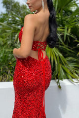 Burgundy Sweetheart Mermaid Sequin Prom Dress with high split-Ballbella