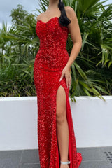 Burgundy Sweetheart Mermaid Sequin Prom Dress with high split-Ballbella