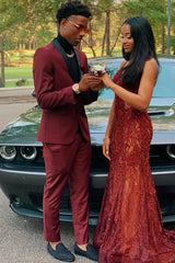 Burgundy Two-Button Prom Suit with Navy Shawl Lapel-Ballbella