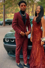 Burgundy Two-Button Prom Suit with Navy Shawl Lapel-Ballbella