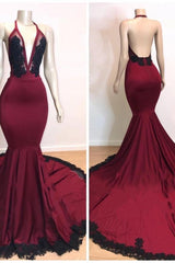 Burgundy V-neck Halter Appliques Long Mermaid Evening Dresses-Ballbella