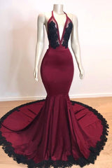 Burgundy V-neck Halter Appliques Long Mermaid Evening Dresses-Ballbella