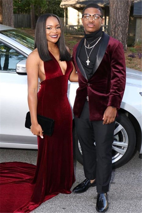 burgundy prom dress and suit Couples prom ideas