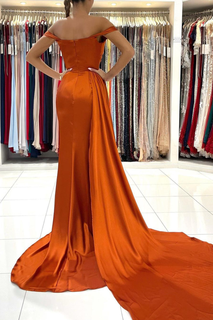 burnt orange formal dress Burnt Orange Off-the-Shoulder Mermaid Prom Dress Long With Split