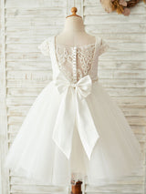 Buttons Short Sleeves Jewel Neck Ecru White Kids Party Dresses-Ballbella