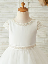 Buttons Short Sleeves Jewel Neck Ecru White Kids Party Dresses-Ballbella