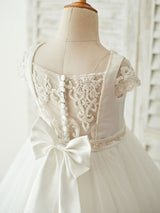 Buttons Short Sleeves Jewel Neck Ecru White Kids Party Dresses-Ballbella