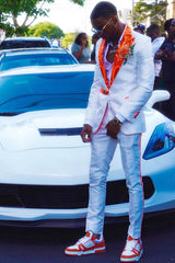 White Prom Suit with Orange Jacquard Peaked Lapel
