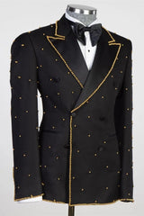 Black Peaked Lapel Double-Breasted Prom Suit with Gold Beading