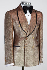 Khaki Shawl Lapel Jacquard Double-Breasted Wedding Suit