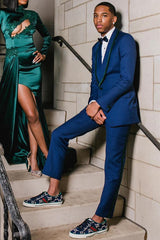 Dark Blue Shawl Lapel One-Button Prom Suit with Black Border